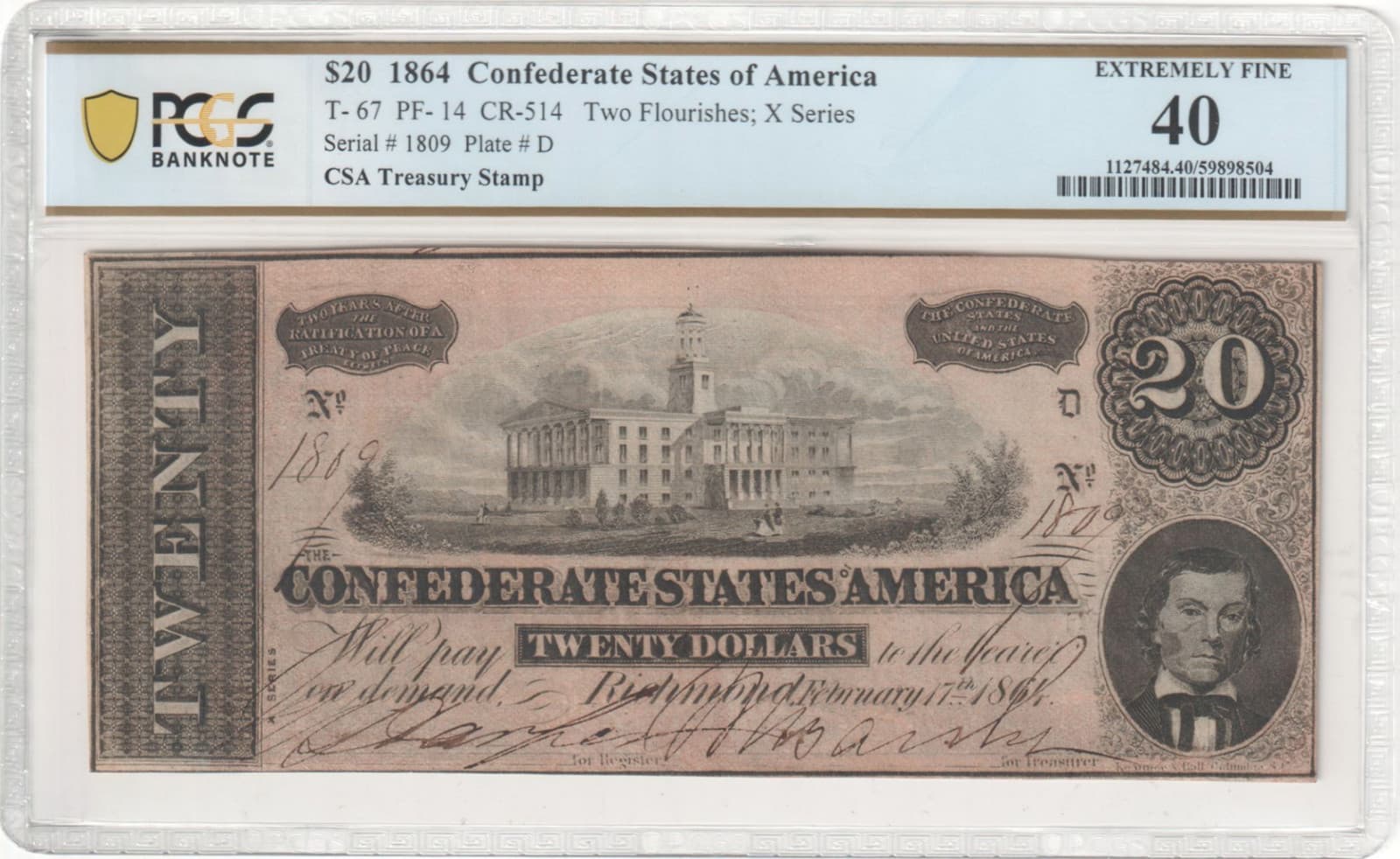 T- 67 1864 $20 Confederate Two Flourishes; X Series PCGS EF40 CSA Treasury Stamp