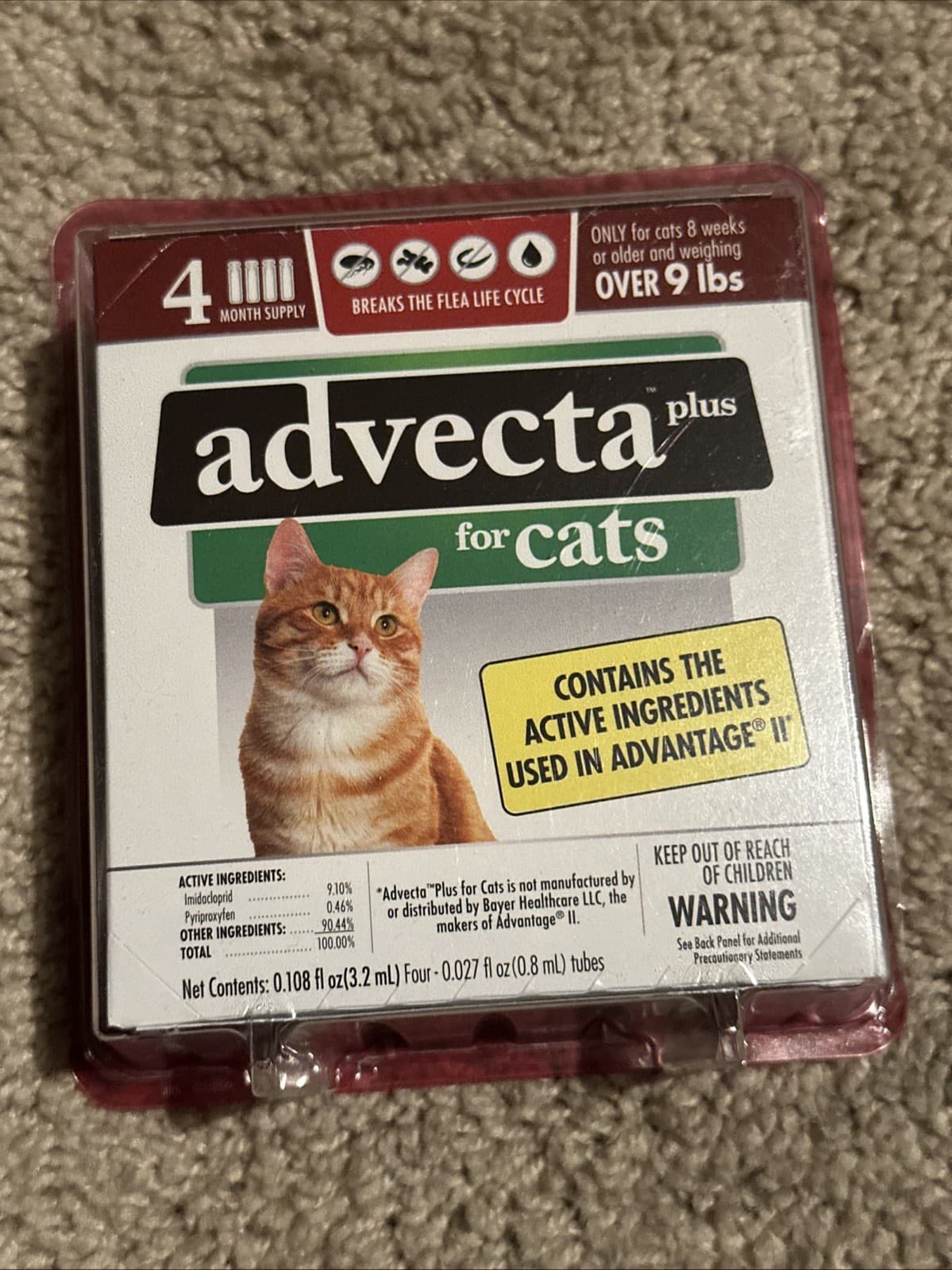 Advecta II Flea and Tick Treatment for Large Cats - 4 Count | New | Sealed