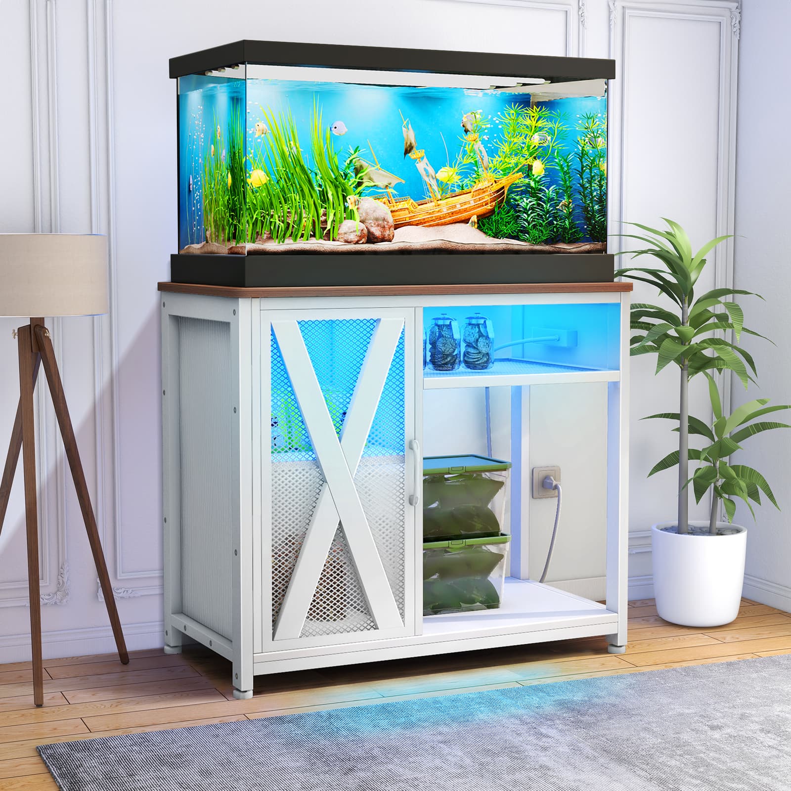 40-50 Gallon Metal Fish Tank Stand w/ LED Light & Power Outlets 3-Tier Storage