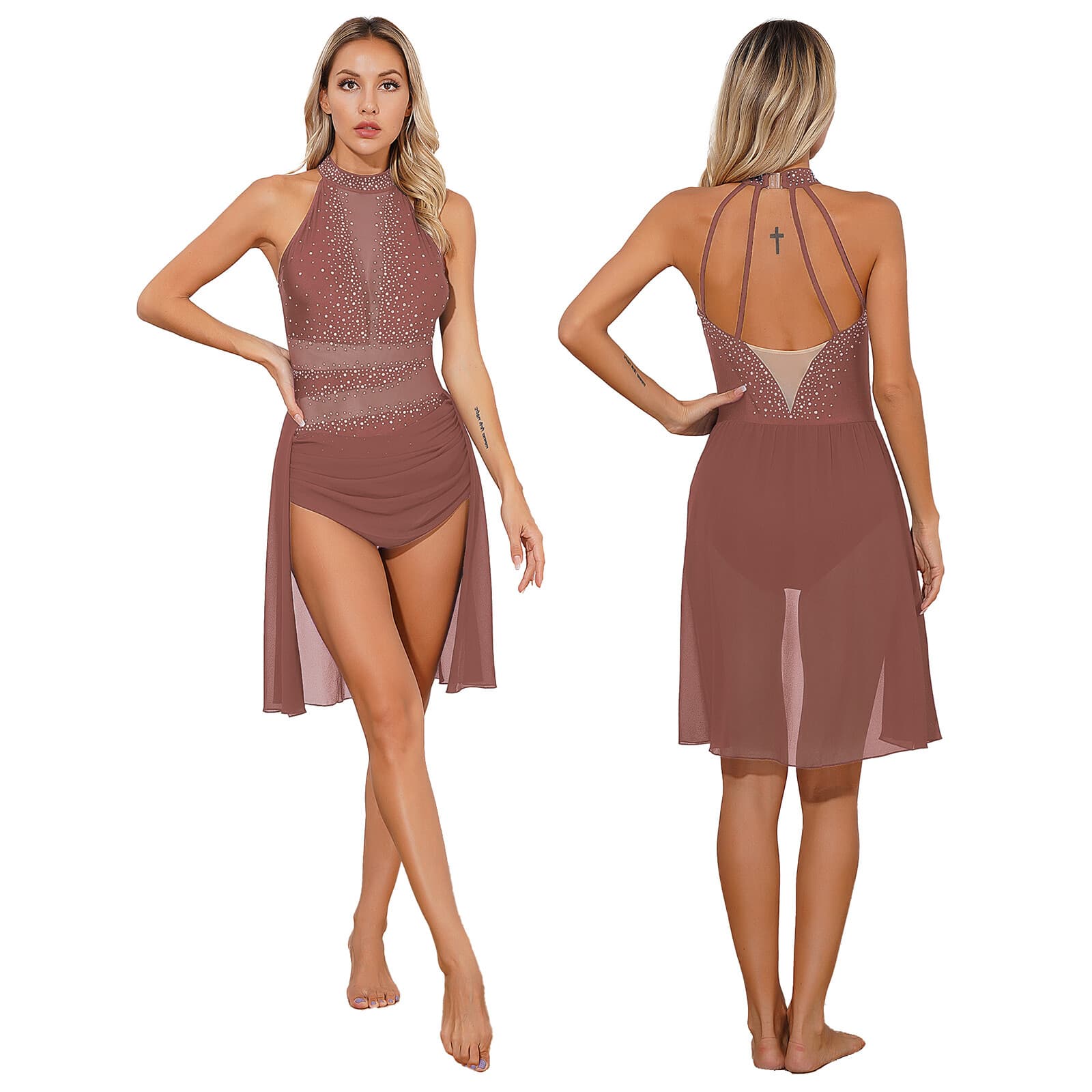 Womens Dance Performance Costume Backless Leotard Mesh Lyrical Dress Patchwork