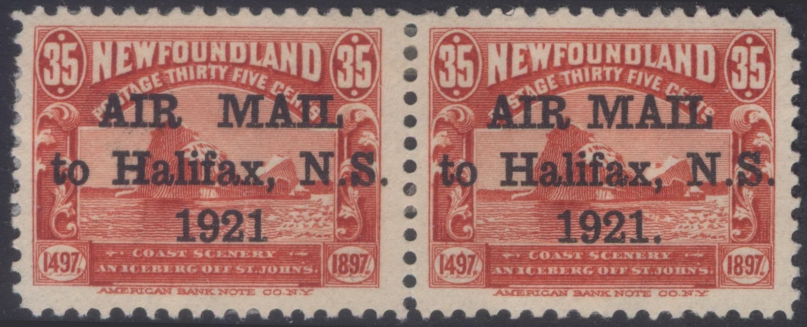 NEWFOUNDLAND C3 + C3h 1921 HALIFAX AIRMAIL SPACING VARIETIES IN PAIR MPH CV$550