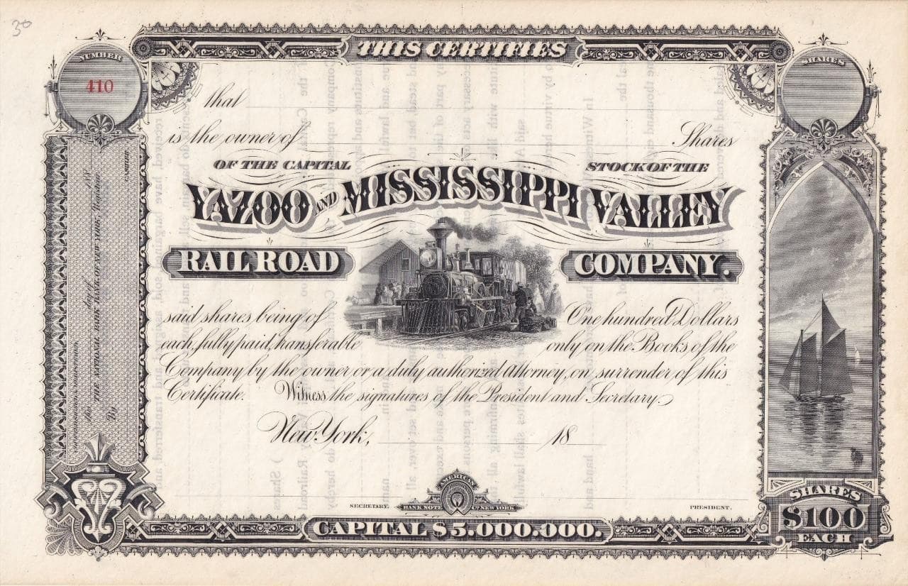 1800s Yazoo & Mississippi Valley Railroad Co - unissued capital stock certificat