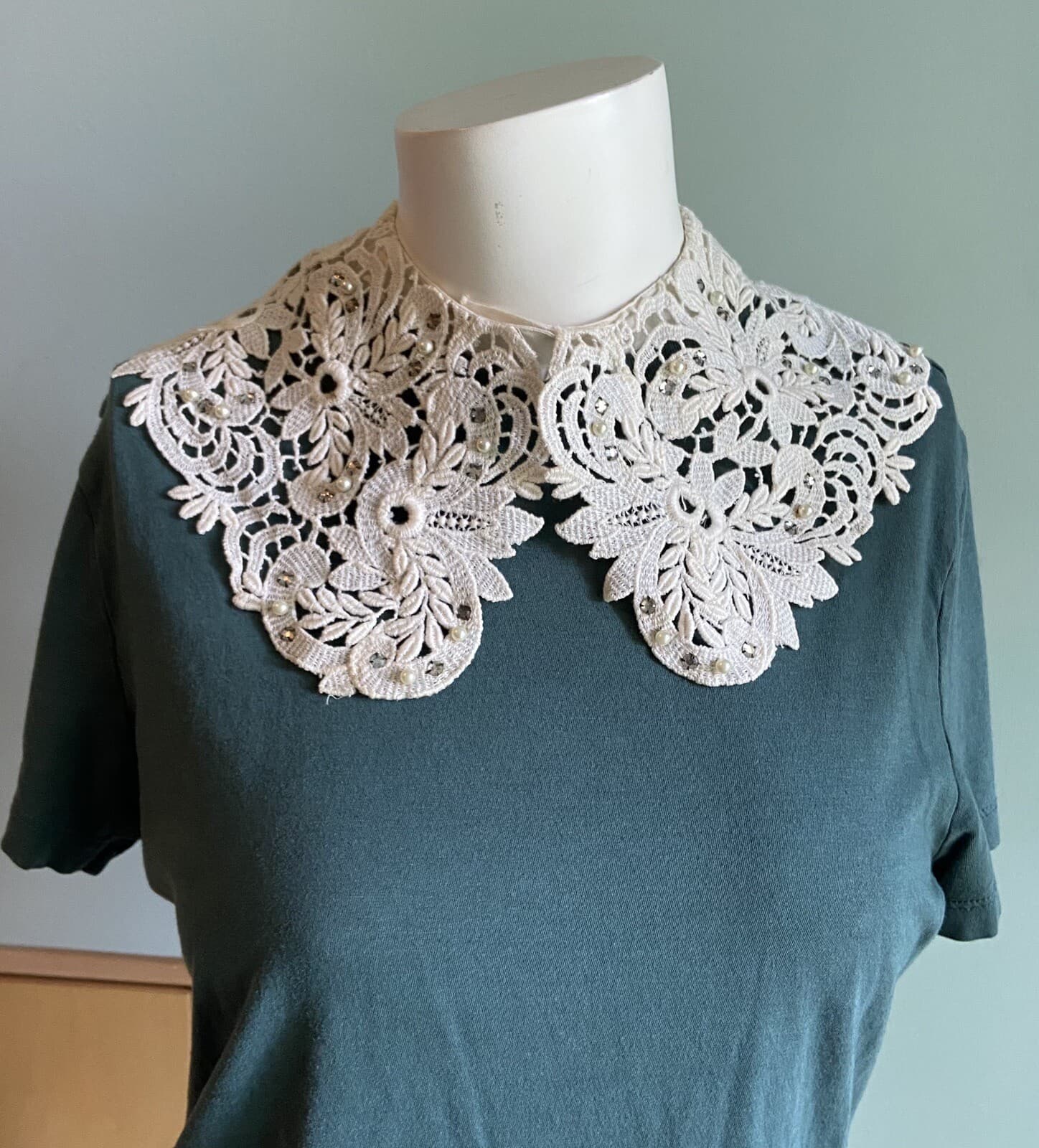 Vintage Lace Crochet Jewelled Collar Teena Brown 1950s Faux Pearls Rhinestones