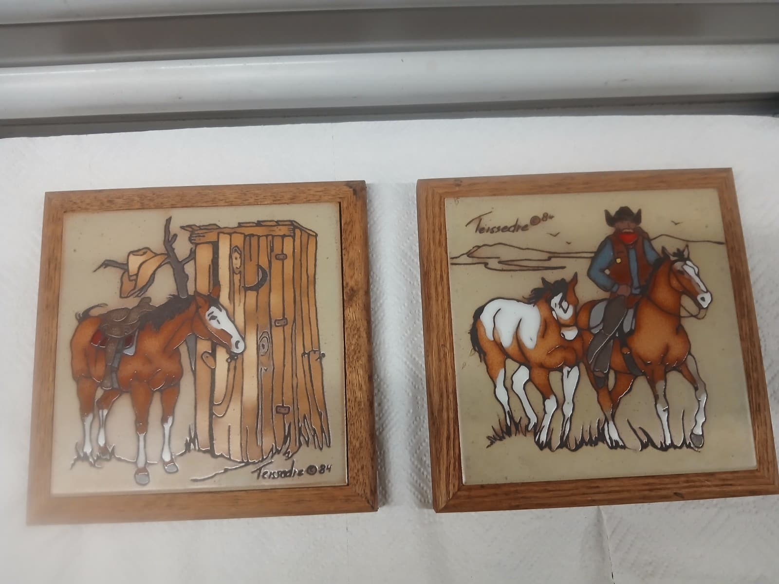 Pair Of Vintage Teissedre Tile Designs Trivets Wall Art Horses Cowboys 7"×7"