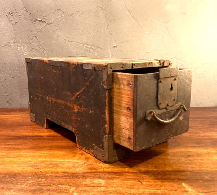 Japanese Antique wooden coin box Rusty iron fittings Depth 35.5 cm/14.0inches