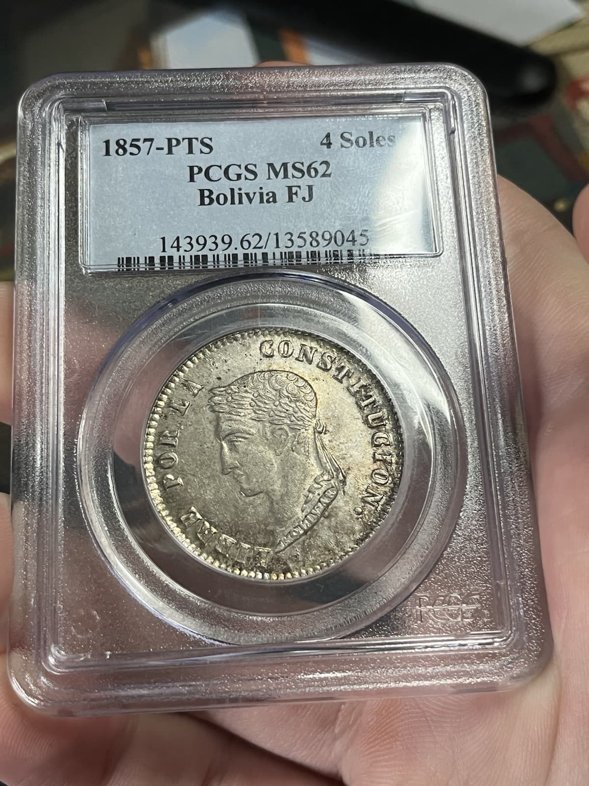 1857 PTS Bolivia 4 Soles PCGS MS62