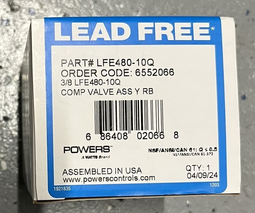Powers LFE480-10Q 3/8" Compression Under Counter Thermostatic Mixing Valve, New