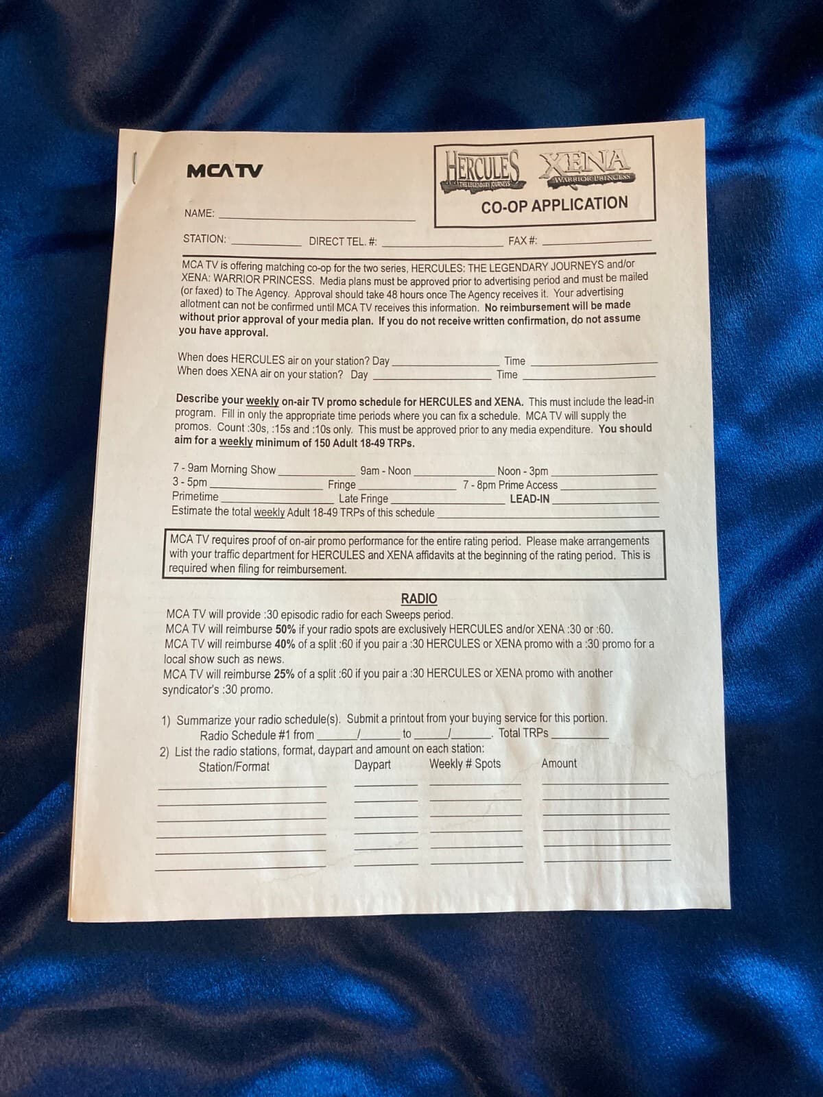 ULTRA RARE Xena & Hercules MCA TV CO-OP Promo Radio Spots & TV Guide Application