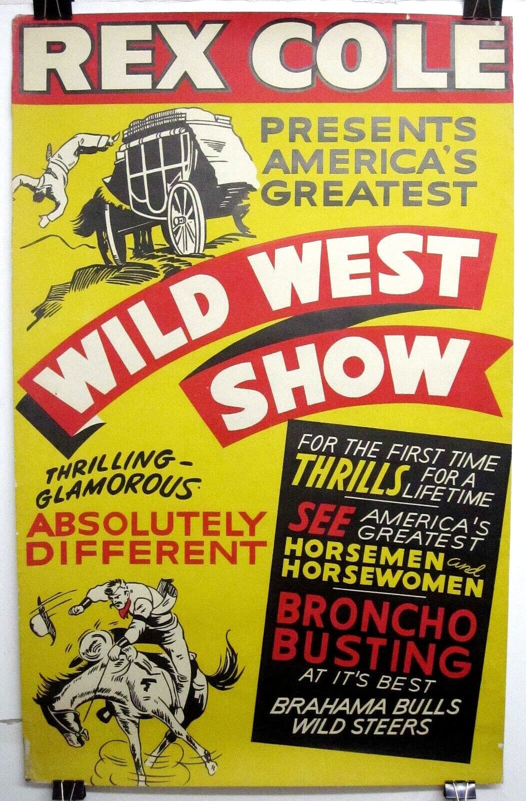Vintage 1940s REX COLE WILD WEST SHOW 40x26 CIRCUS RODEO Poster FREE SHIPPING