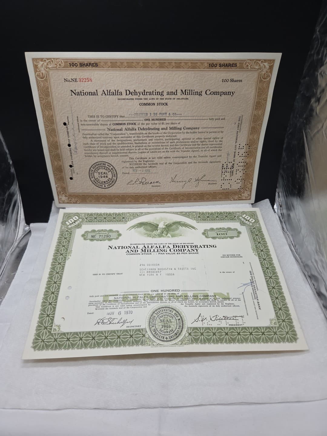 National Alfalfa Dehydrating And Milling Co. 2 Stock Certificates Shares