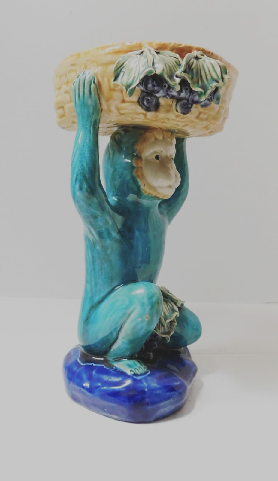 VINTAGE MAJOLICA CHINOISERIE PORCELAIN ORIENTAL MONKEY FIGURE - 10.5"