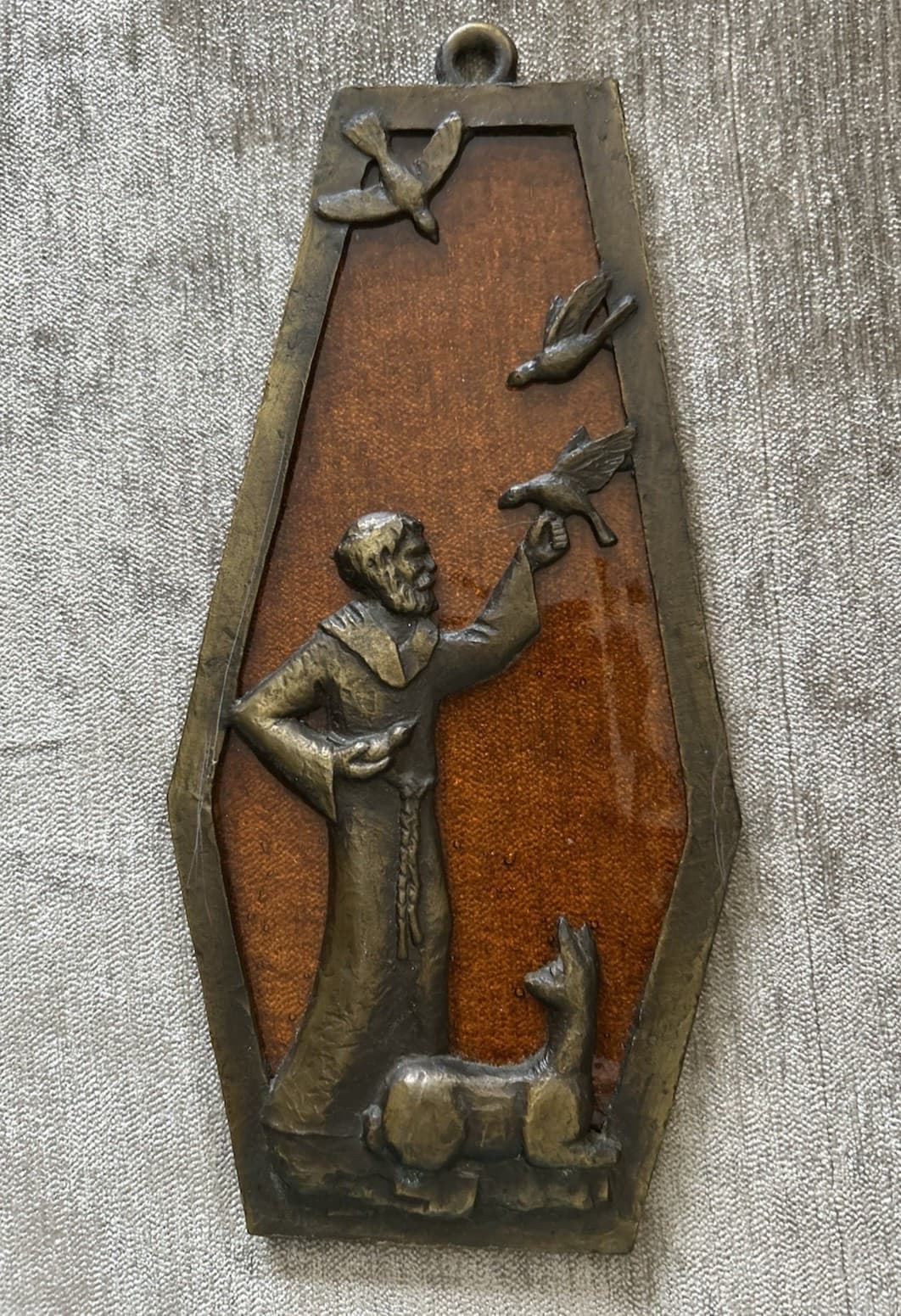 Vtg Wall Window Decor Sun Catcher Religious St Francis Birds Deer Brass Glass