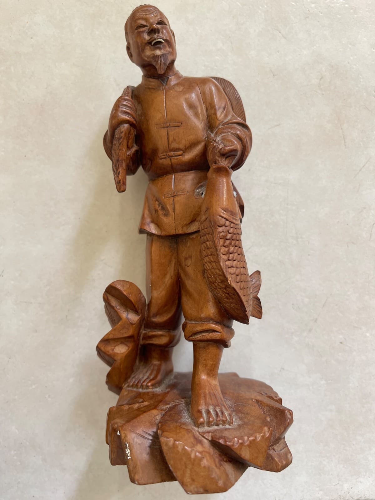 Vintage Hong Kong Carved Fisherman Figurine