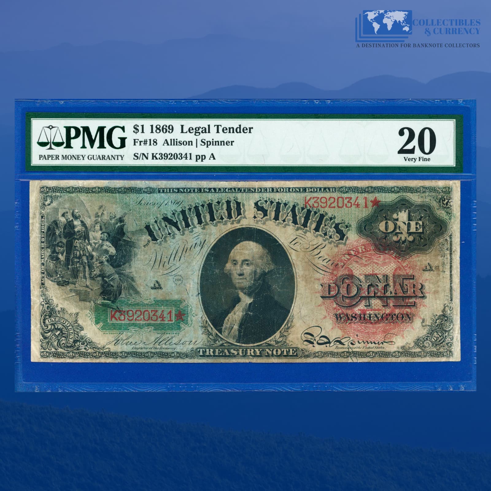 Fr.18 1869 $1 One Dollar "RAINBOW" Legal Tender Note, PMG VF 20 #20341