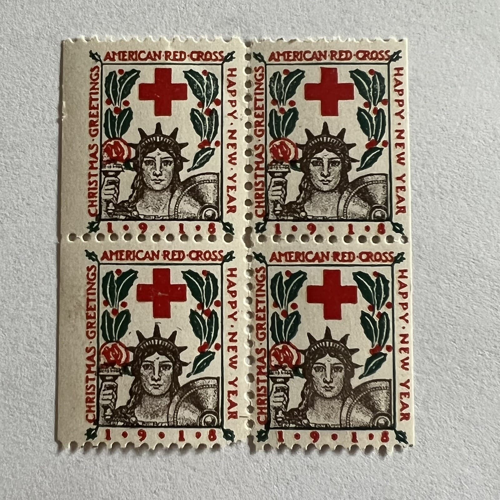 1918 US RED CROSS BLOCK OF FOUR U.S. CHRISTMAS SEALS STAMPS MINT NH OG