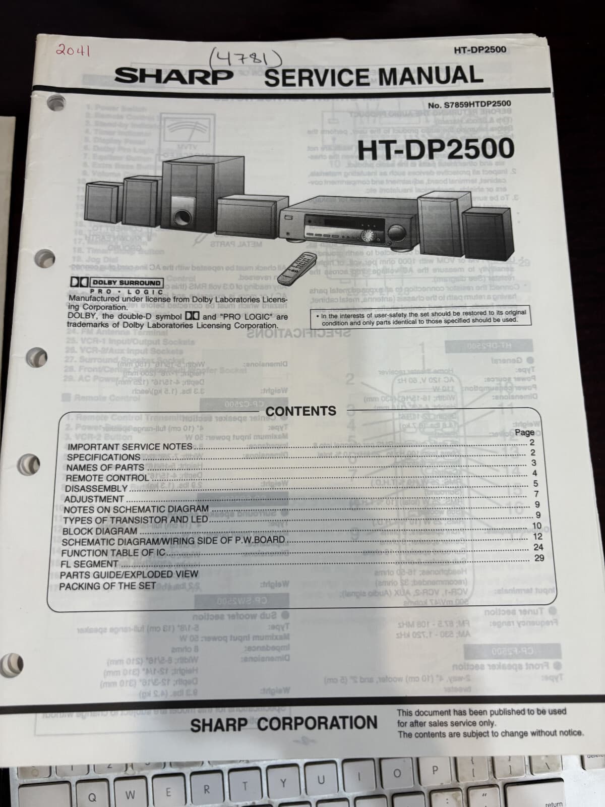 ORIG. SHARP HT-DP2500 HTDP2500 Repair & Service Manual *ORIGINAL*