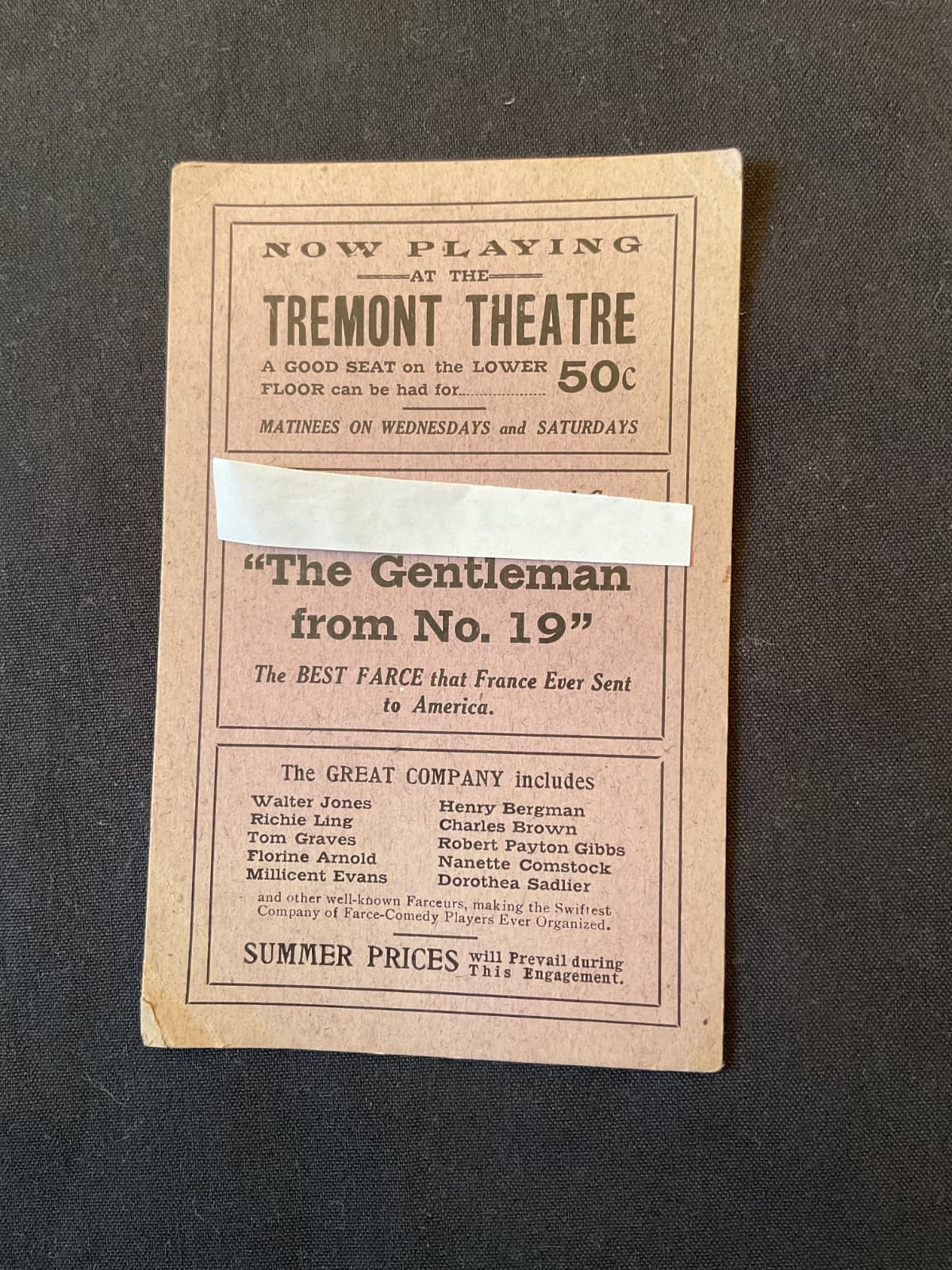112 YRS OLD AUNTHENTIC STAGE PLAY PROGRAM TREMONT THEATRE BOSTON MASS 1913