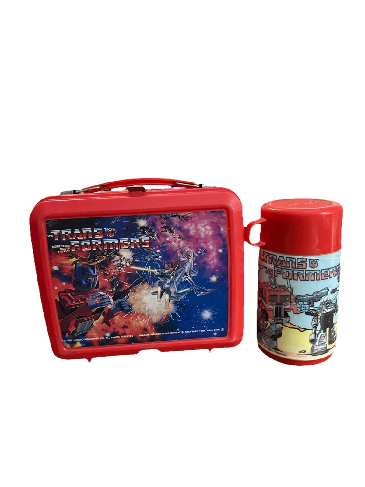 Vintage 1984 Original TRANSFORMERS Lunch Box Aladdin Hasbro Plastic W/ Thermos
