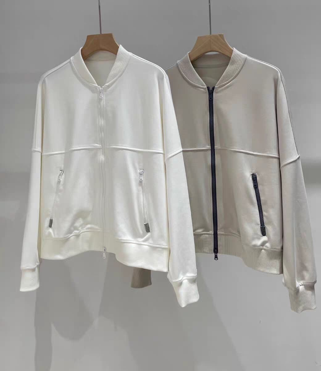 Womens Brunello Cucinelli Spring Pocket Bead Chain Zip Jacket Elastic Waist Set