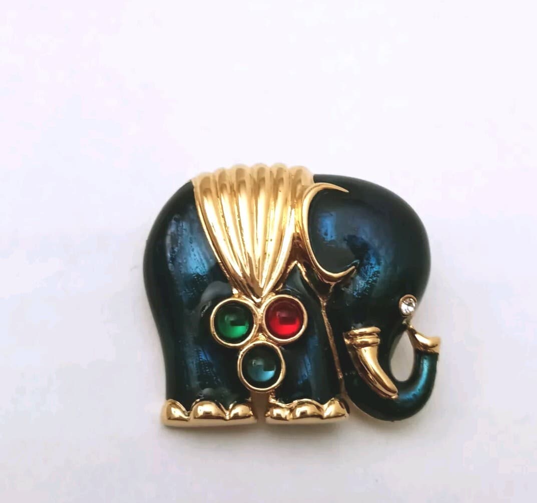 Vintage Enameled Elephant Brooch Faux Jewels Pin Teal Blue Gold Tone 1.25 Inch