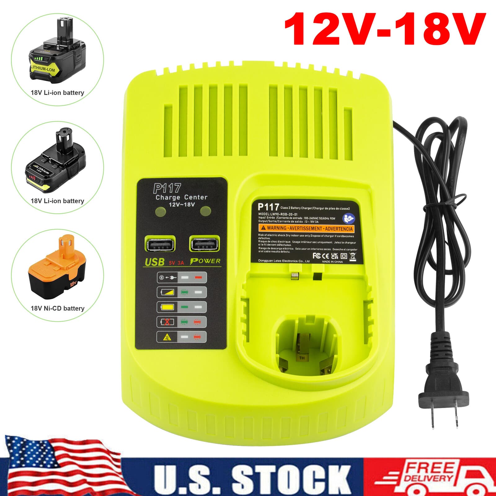 P117 Fast Charger For RYOBI For One+ Plus P108 18V High Capacity Lithium Battery