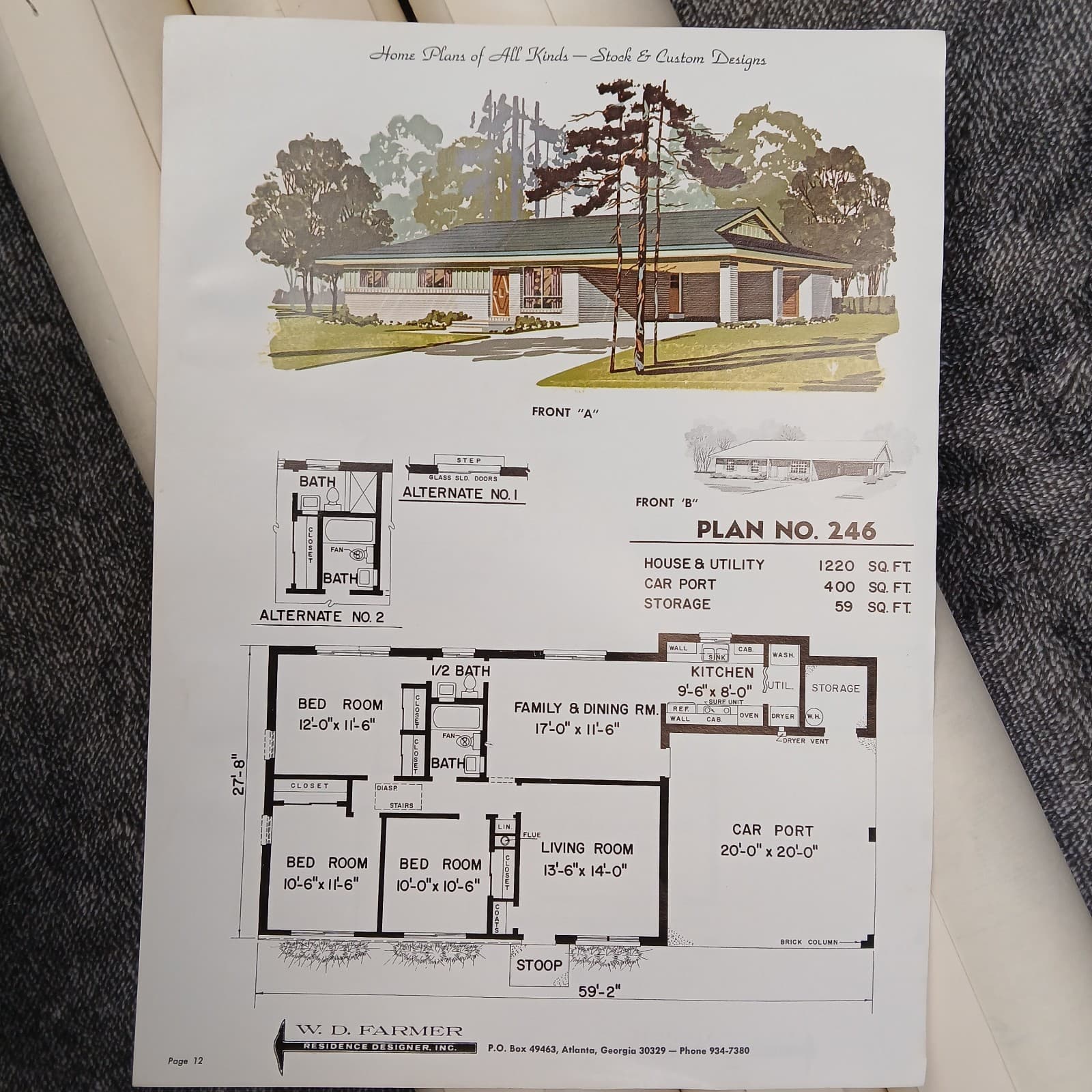 MCM 1966 House Blueprint Plans W.D. Farmer Homes Plan #246 1220 sf 60s Ranch Vtg