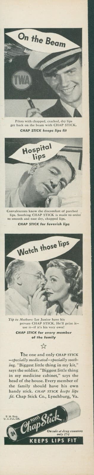 1944 Chap Stick TWA Pilot Hospital Patient Keeps Lips Fit Vintage Print Ad L22