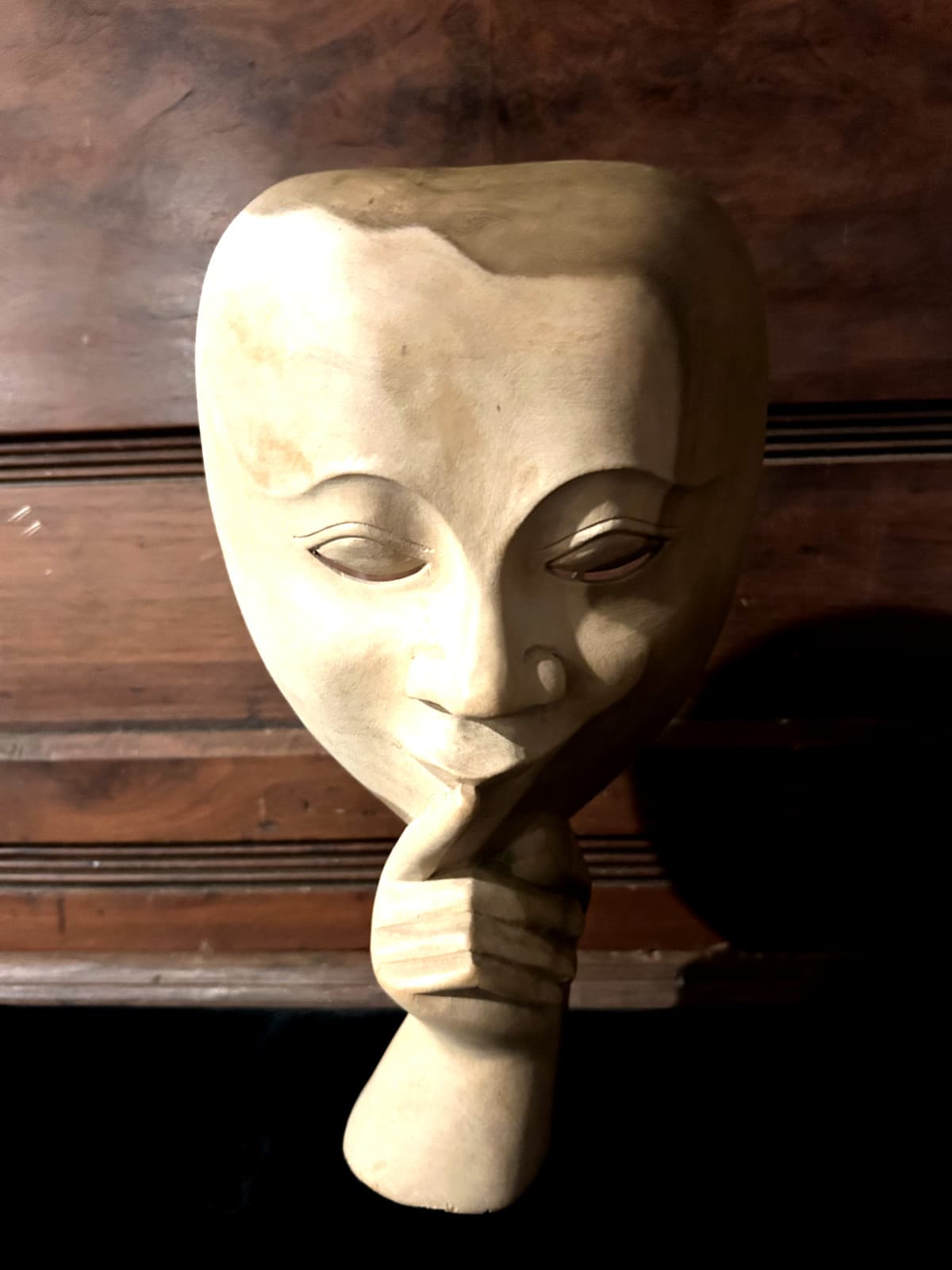 Indonesian Natural Wood Hand Carved Face Shhh Mask Ethnic Tribal Boho Wall Decor