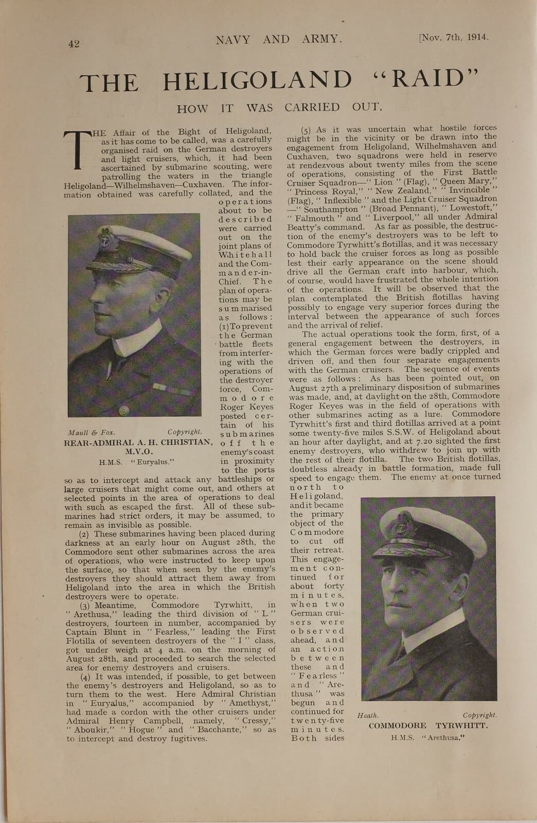1914 WW1 ARTICLE & PICS HELIGOLAND RAID ADMIRAL CHRISTIAN COMMODORE TYRWHITT