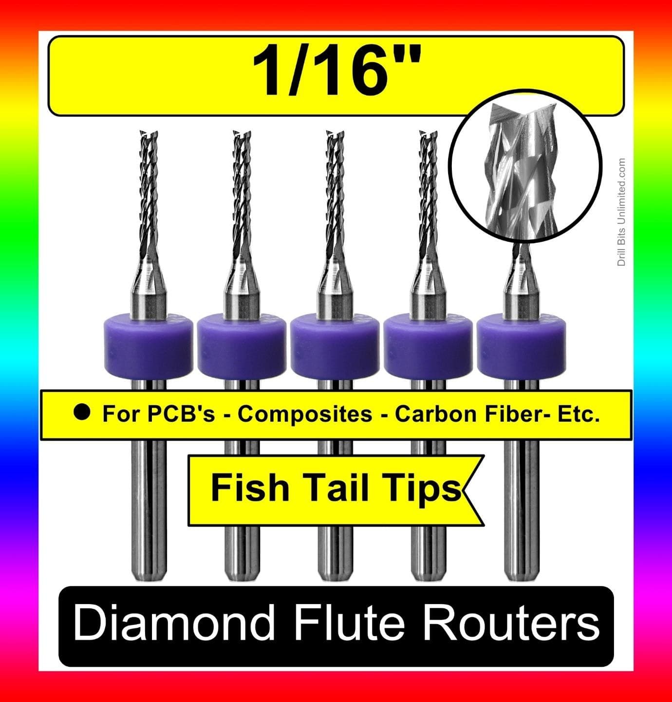 1/16" Diamond Flute Carbide Router Bits FIVE PCS 1/8" Shank CNC PCB G10 FR4