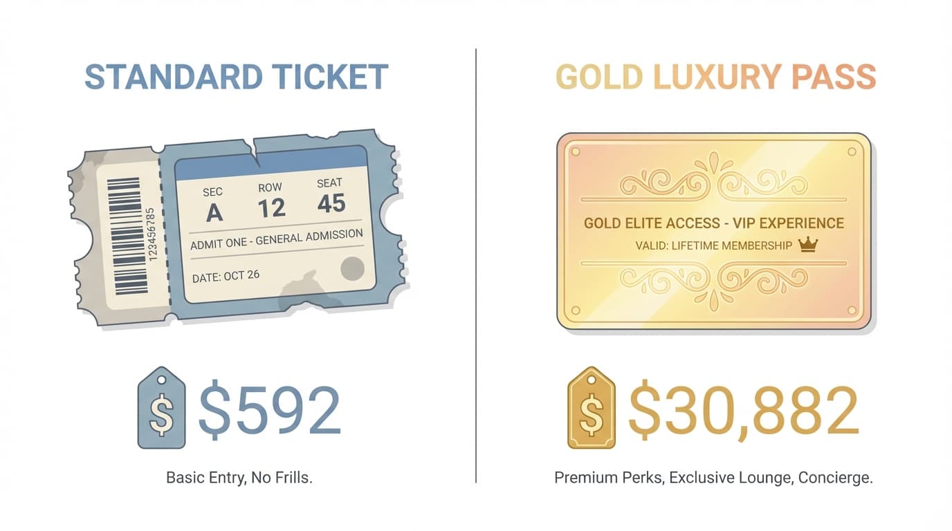 Ticket graphic showing the price disparity between standard seats and luxury packages