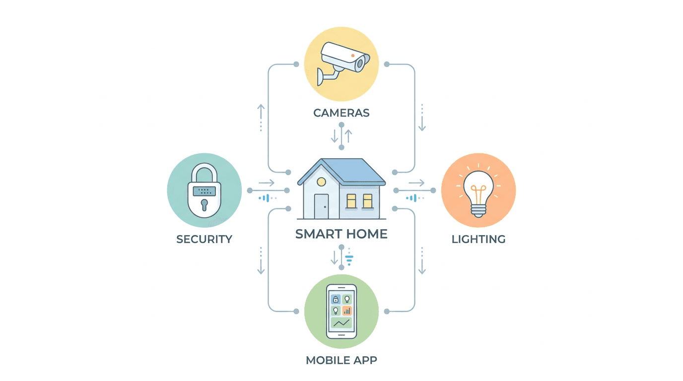 A diagram of the 'Sentient Ecosystem' where AI coordinates lights, locks, and cameras.
