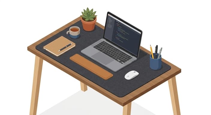 A tidy teen desk featuring a premium felt desk mat, a vegan leather wrist rest, a sleek laptop, and a small plant.