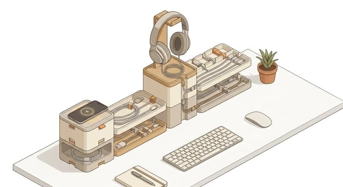 A modular organizer setup keeps charging pads, headphones, and cables neatly arranged for growth.
