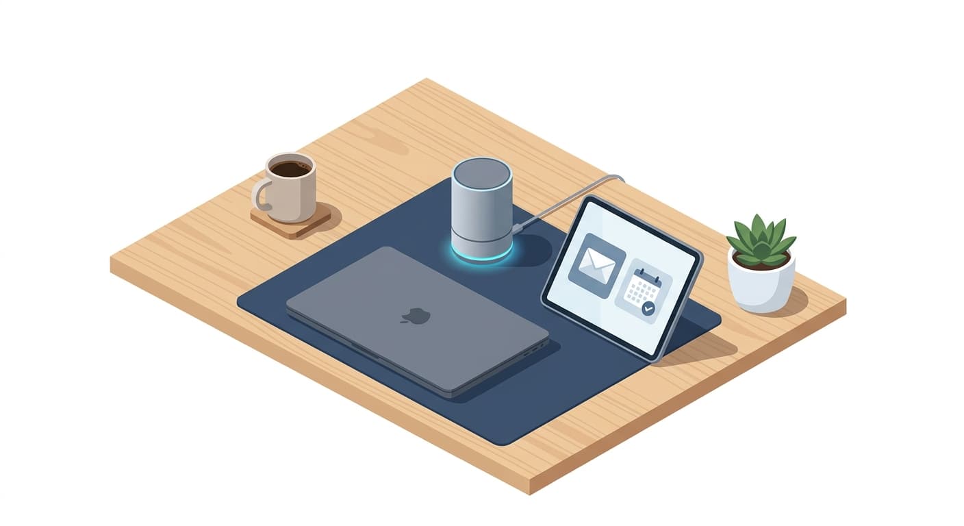 A compact AI buffer hub sits on a neat desk, ready to manage notifications and calendars.