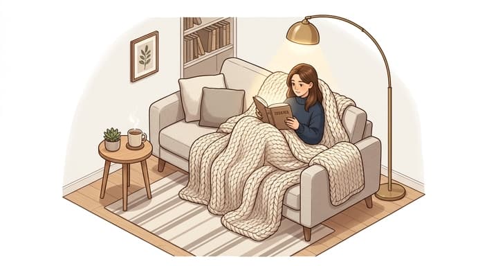 Reader tucked under a heavy weighted blanket in a cozy living room corner.