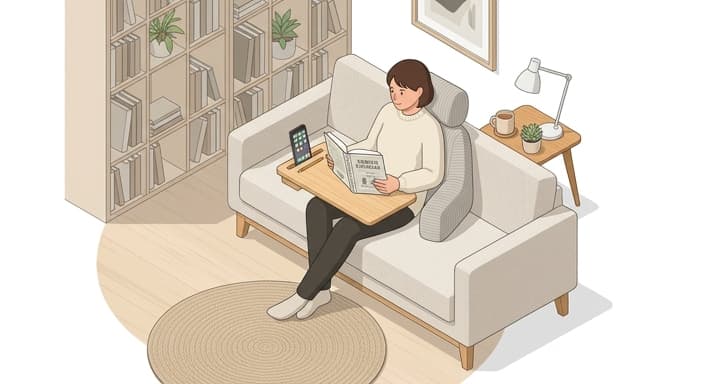 Bulky memory-foam reading pillow paired with a wooden lap desk for comfortable neck and eye level reading.