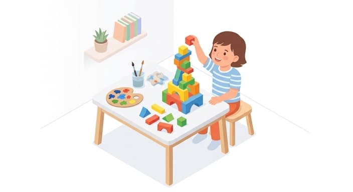 A child experiments with blocks and paints, learning by stabilizing the base and mixing colors.