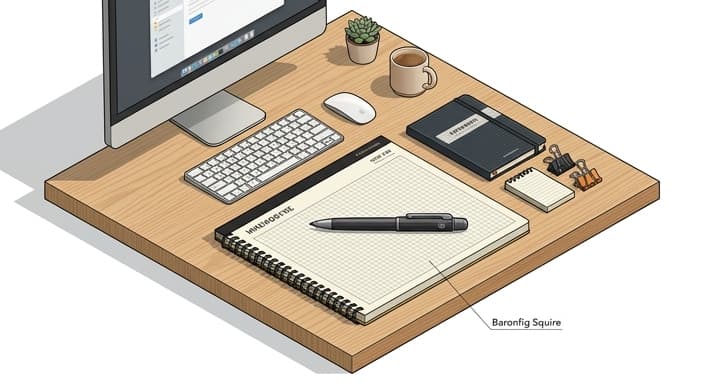 A calm desk scene featuring a weighted pen and grid pad beside a monitor.