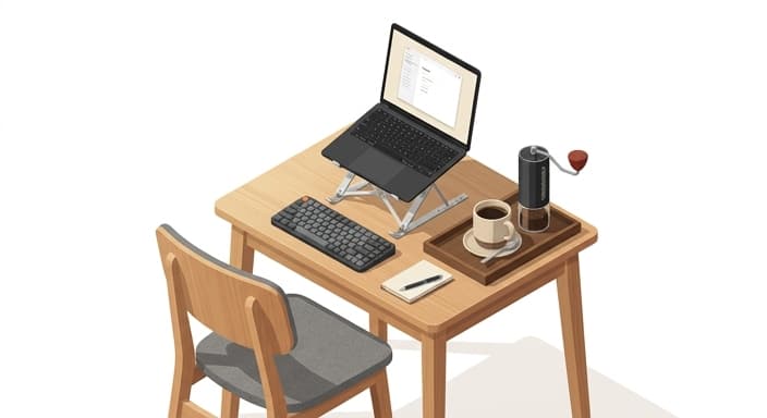A portable laptop setup on a dining chair paired with a manual coffee ritual for a focused break.