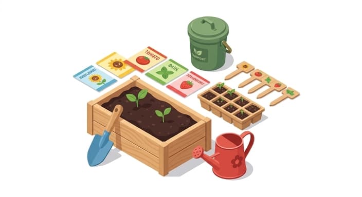 A kid-friendly gardening starter kit laid out for summer exploration.