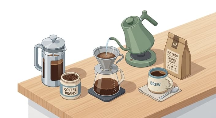 An eco-friendly coffee setup highlighting a French press and metal-filter pour-over for a waste-reducing routine.