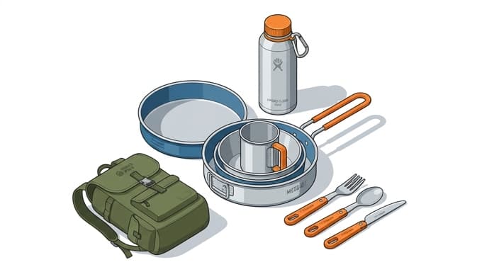 A tidy camping kit featuring a collapsible stainless steel mess kit and reusable utensils ready for eco-friendly adventures.
