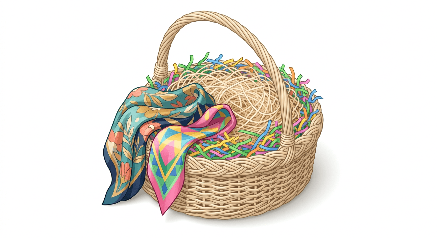 An eco-friendly Easter basket showing wood wool filling, shredded paper accents, and decorative silk scarves.