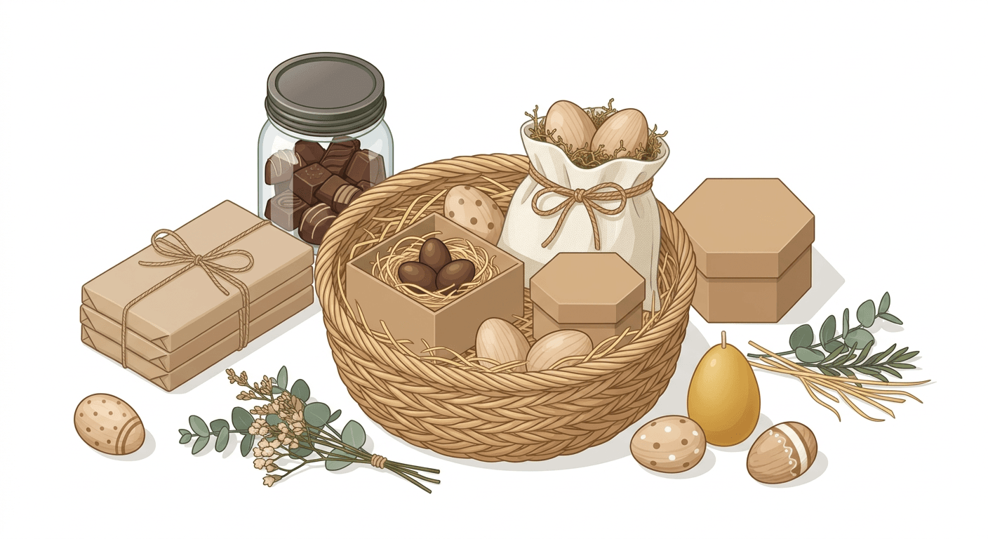 A collection of organic, ethically sourced Easter treats presented in a plastic-free, minimalist display.