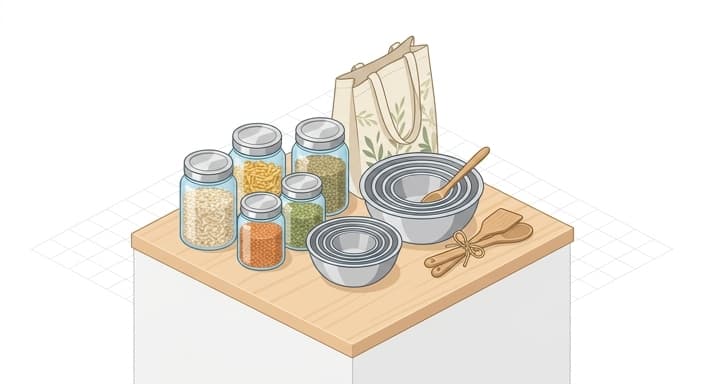 A neatly arranged eco-friendly kitchen gift set featuring glass storage containers and stainless steel nesting bowls.