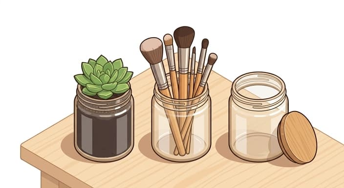 Repurposed candle jars serve as a planter and storage in a minimalist setup.