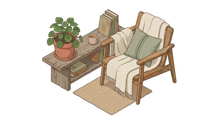 A cozy, sustainable corner with biophilic elements and long-lasting materials.