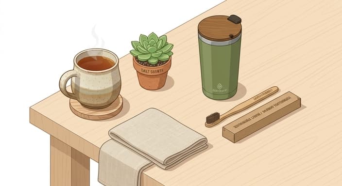 A mindful, eco-friendly desk scene with a sturdy ceramic mug and durable gifts.
