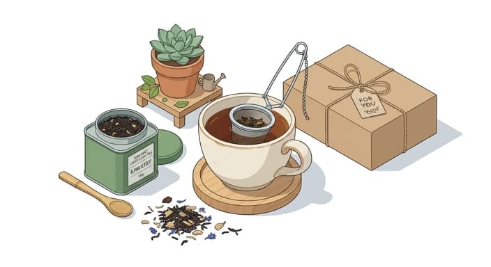 A tea ritual scene featuring a reusable infuser, loose leaves, and a simple gift box.